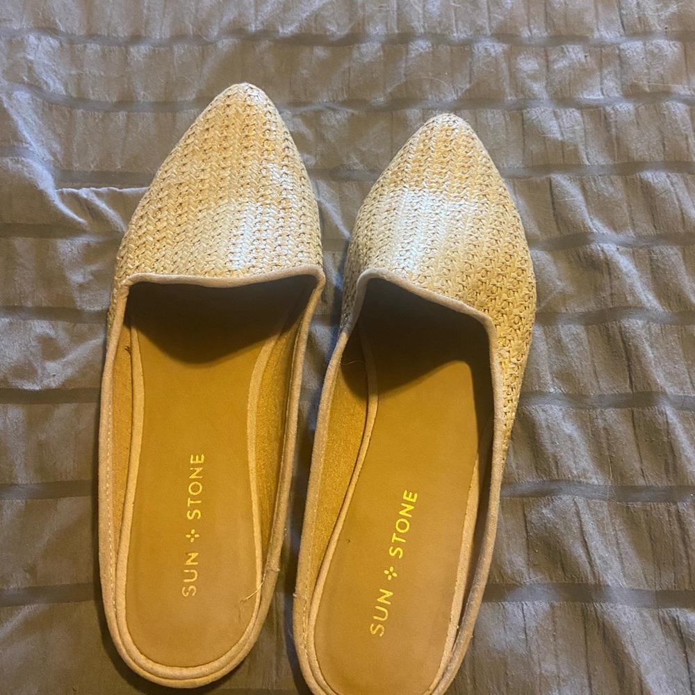 Sun + Stone Beige Woven Pointed-Toe Slip-On Flats